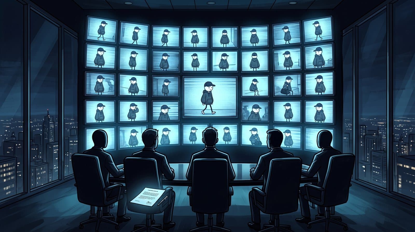 Executives in silhouette watching a wall of screens that all show the hero