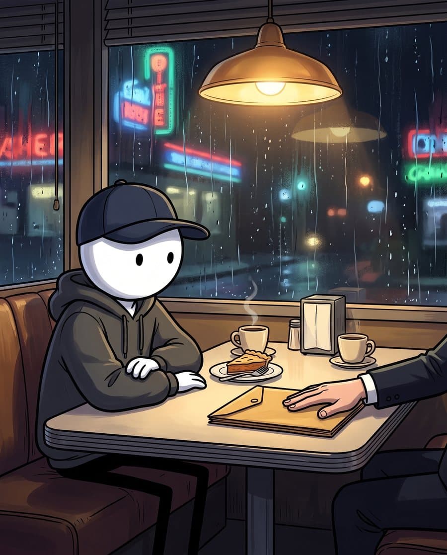 A suited arm slides an envelope across a diner table
