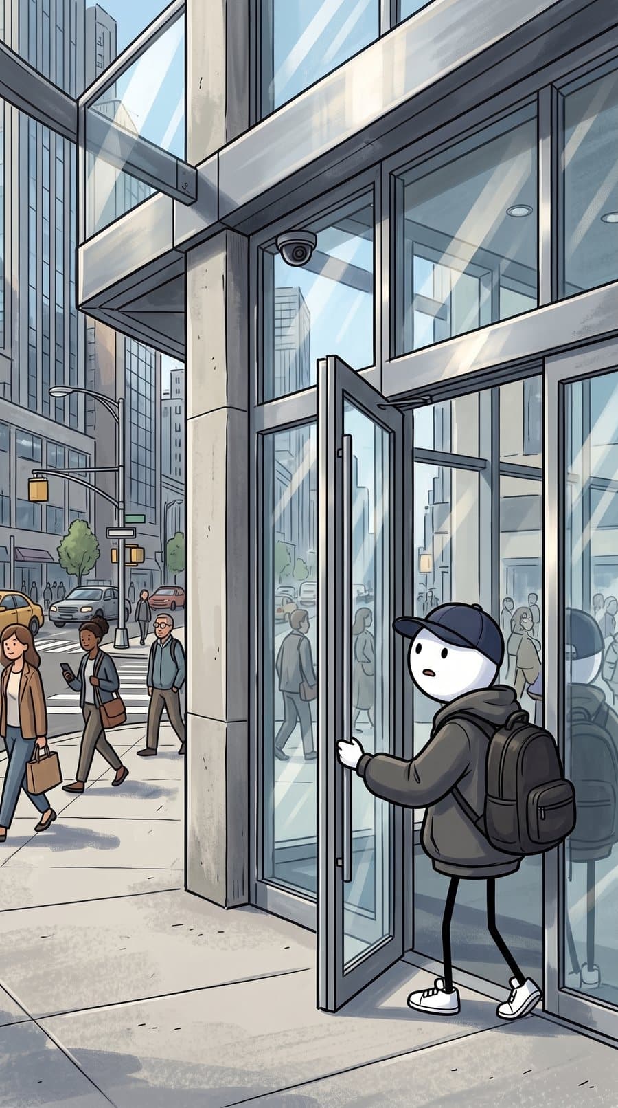 The hero walking into a bank with a backpack