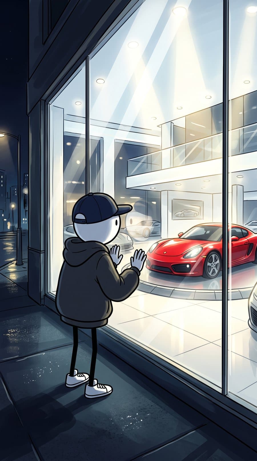 A car dealership at night