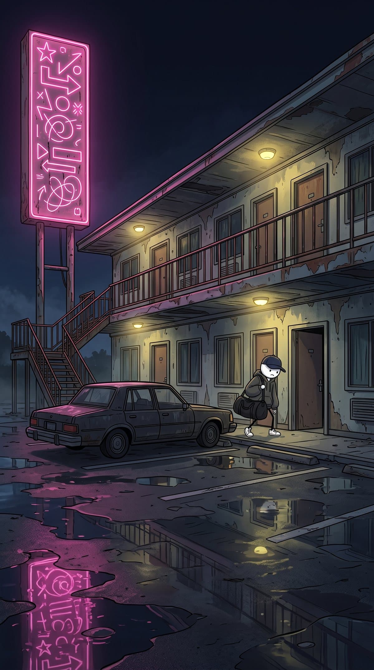 The motel at night under its neon sign