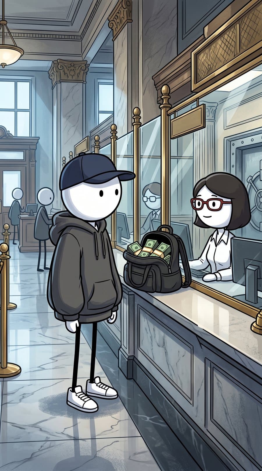 A bank teller counting a stack of cash