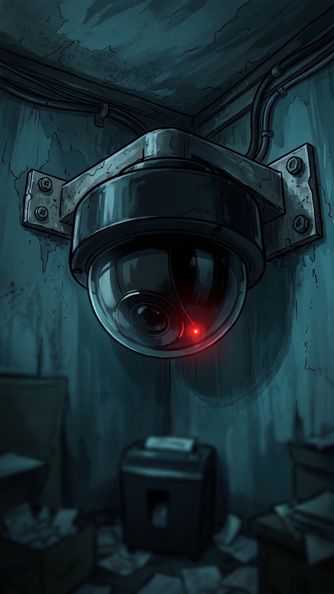 A security camera's red light watching the evidence room