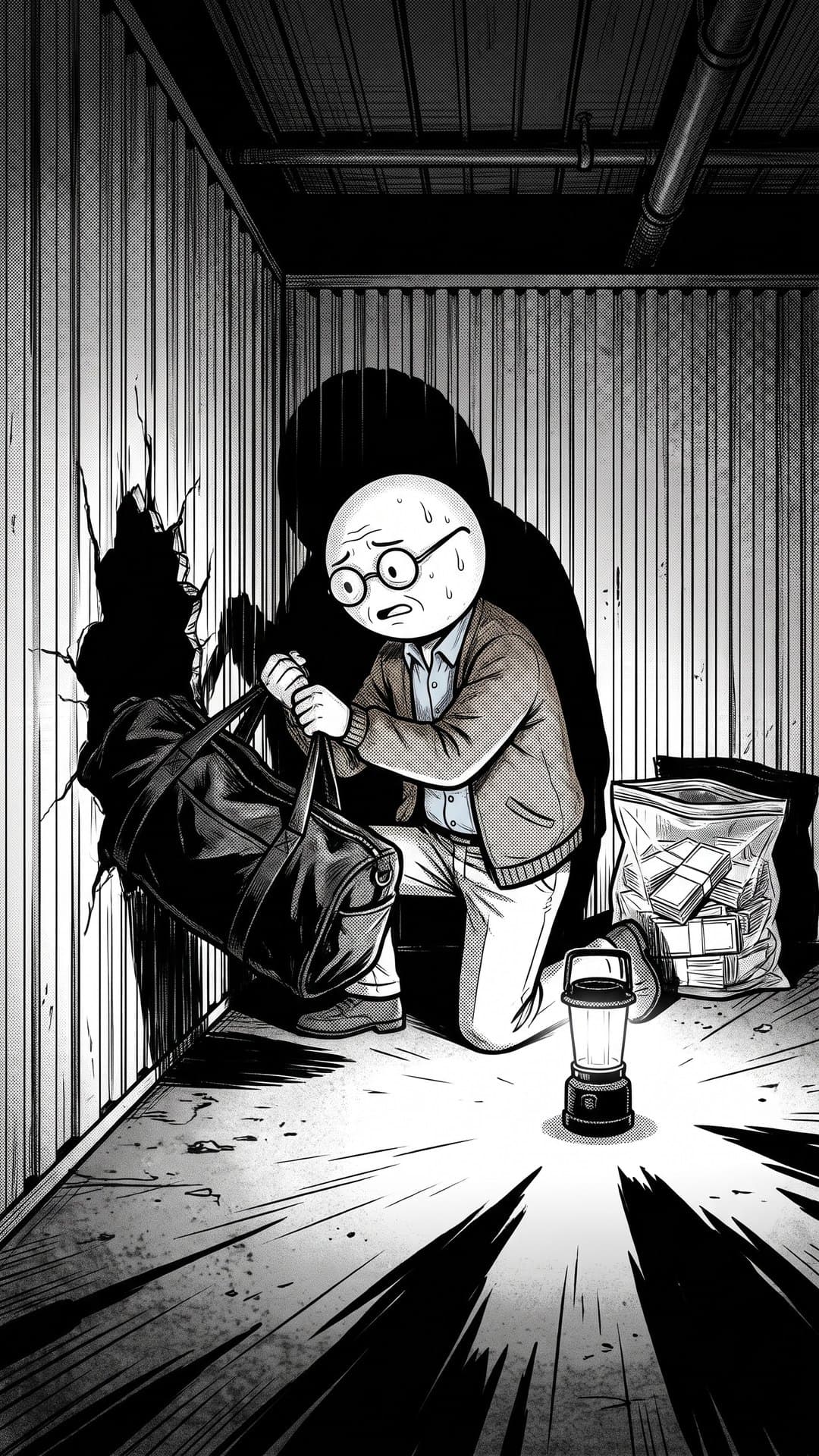 Walt pulling a duffel bag through a hole cut in a storage unit's metal wall