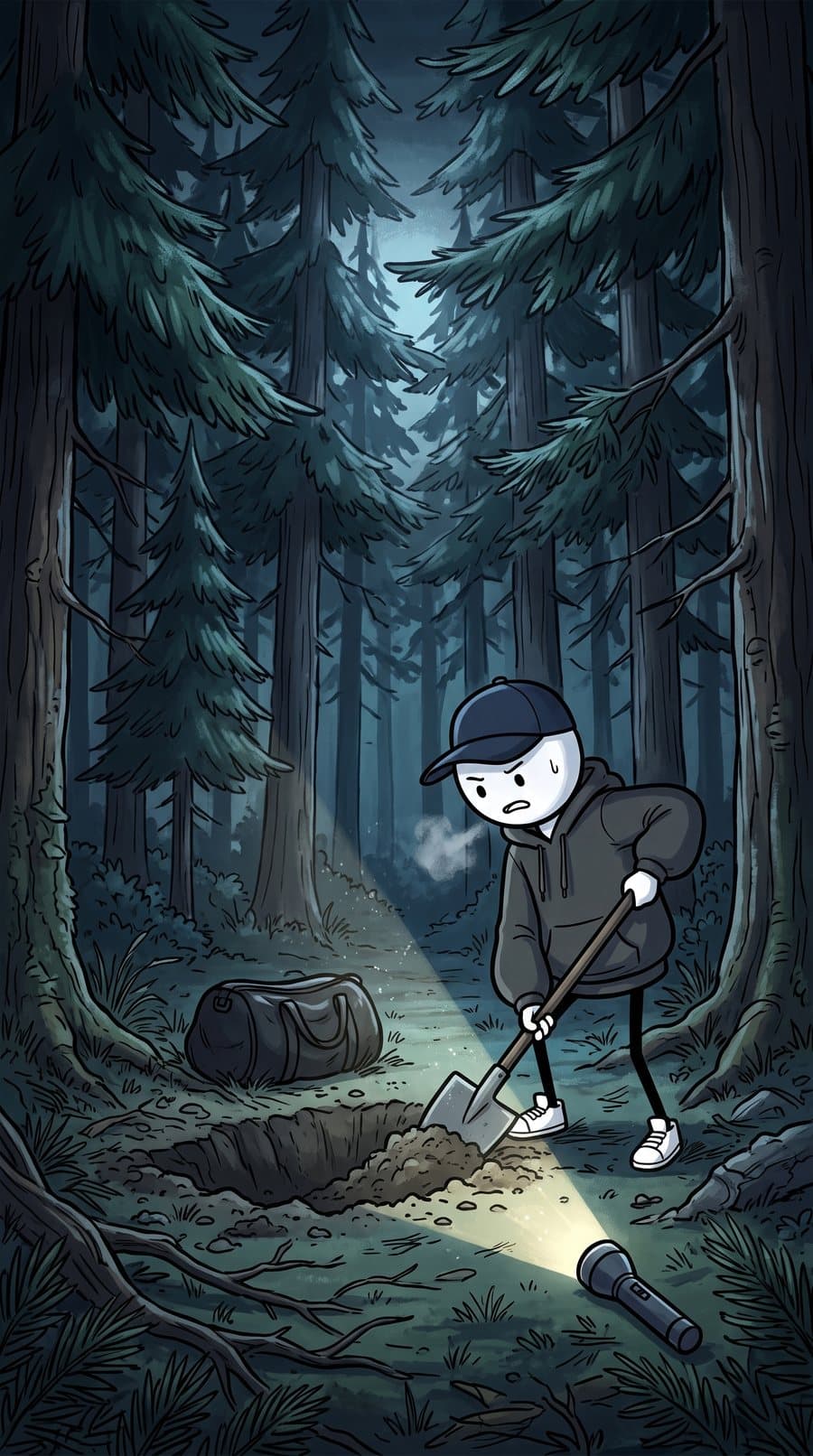 Digging a hole in the woods at night
