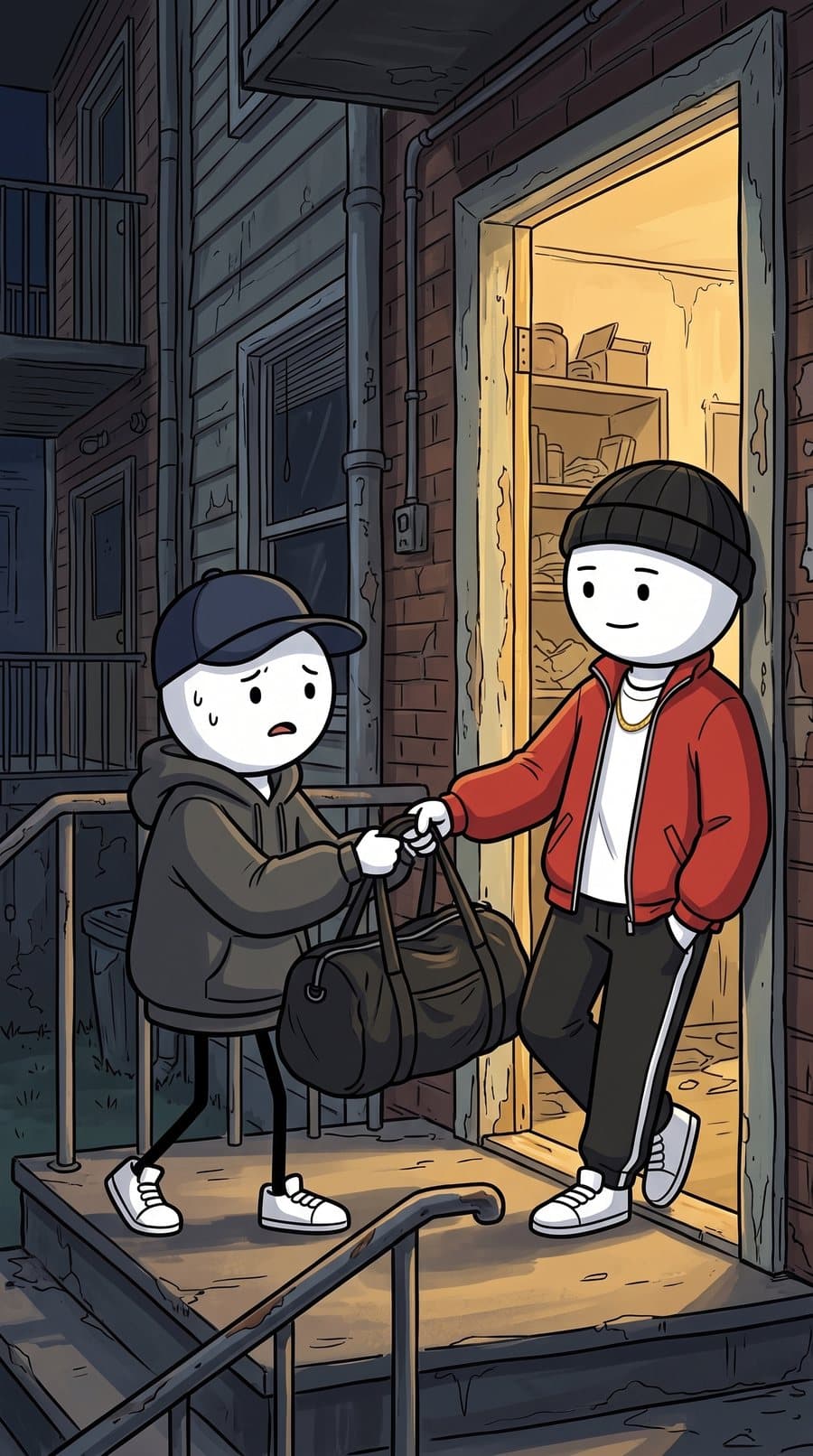 Handing a duffel bag to Dre at his door