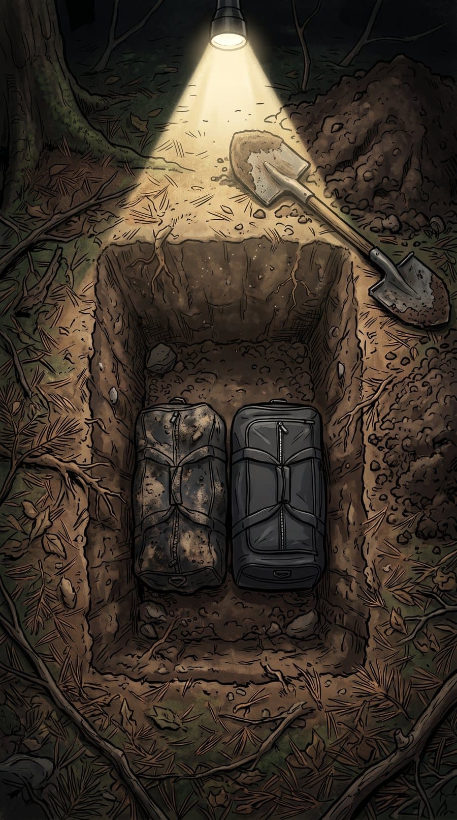 Two duffel bags in one hole under a lamp