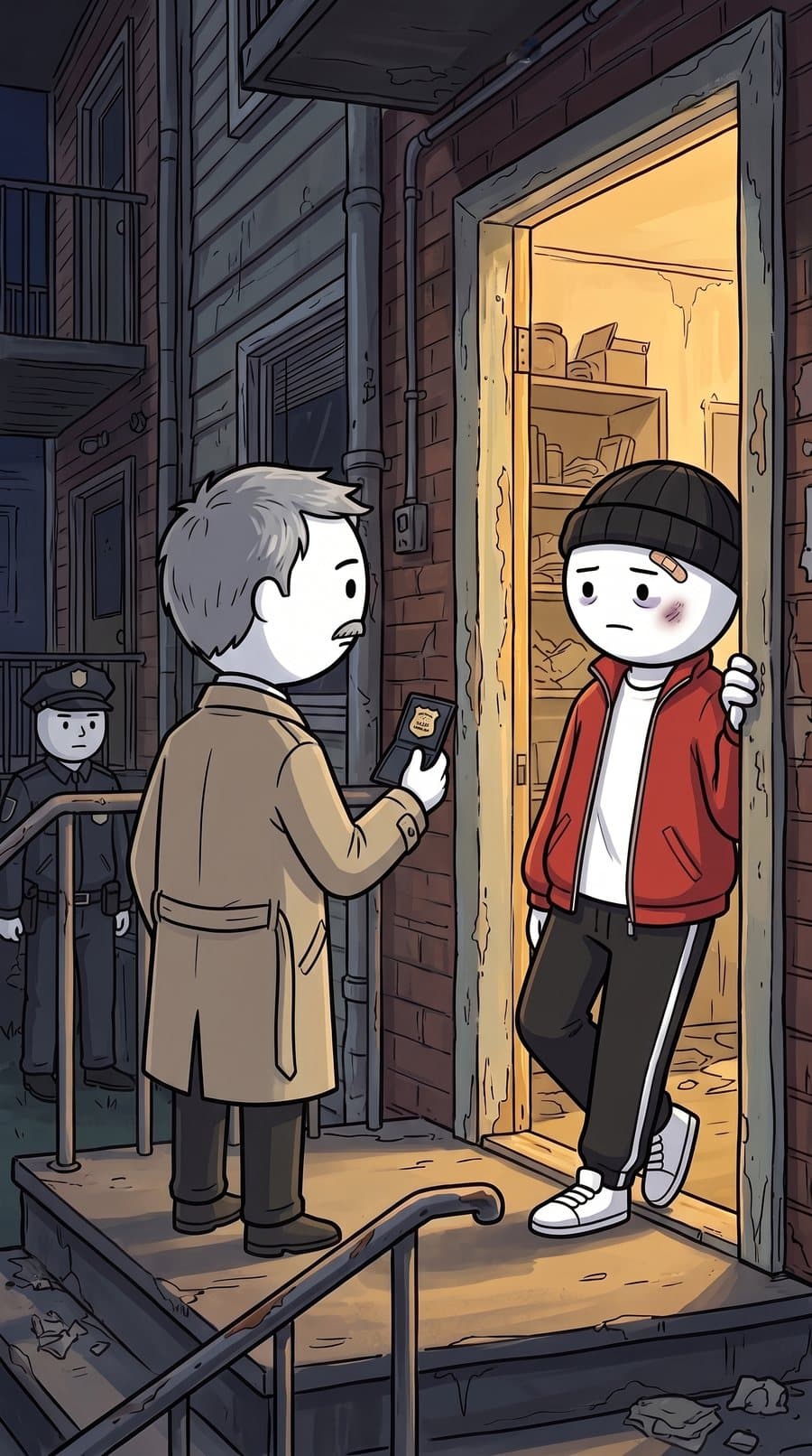 The analyst at Dre's front door at dawn, an officer behind him