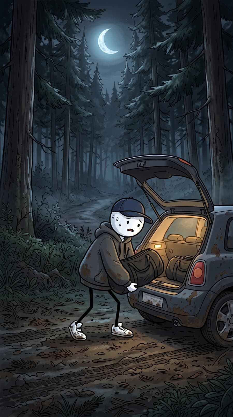 You loading duffel bags into a small hatchback at night