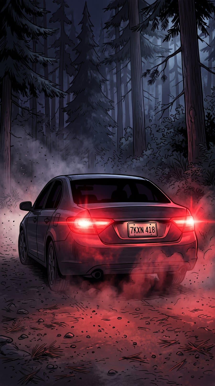 A dark sedan's plate lit red by its taillights in the woods