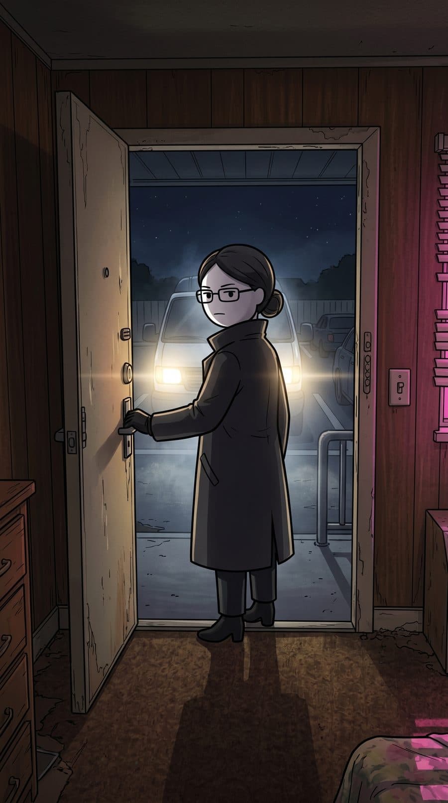 The Fixer in the motel door, van headlights behind her, waiting for an answer