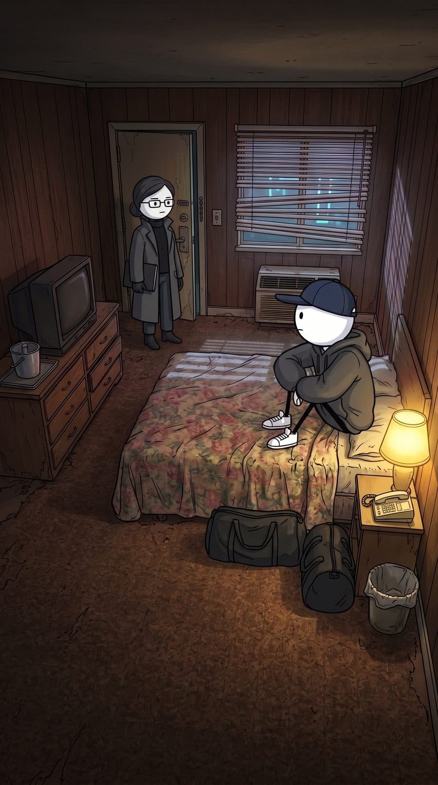The Fixer standing in a motel room doorway, you on the bed with two duffel bags
