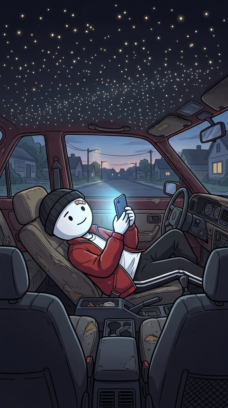 Dre lying back in his car under a starlight roof, his phone lighting his face