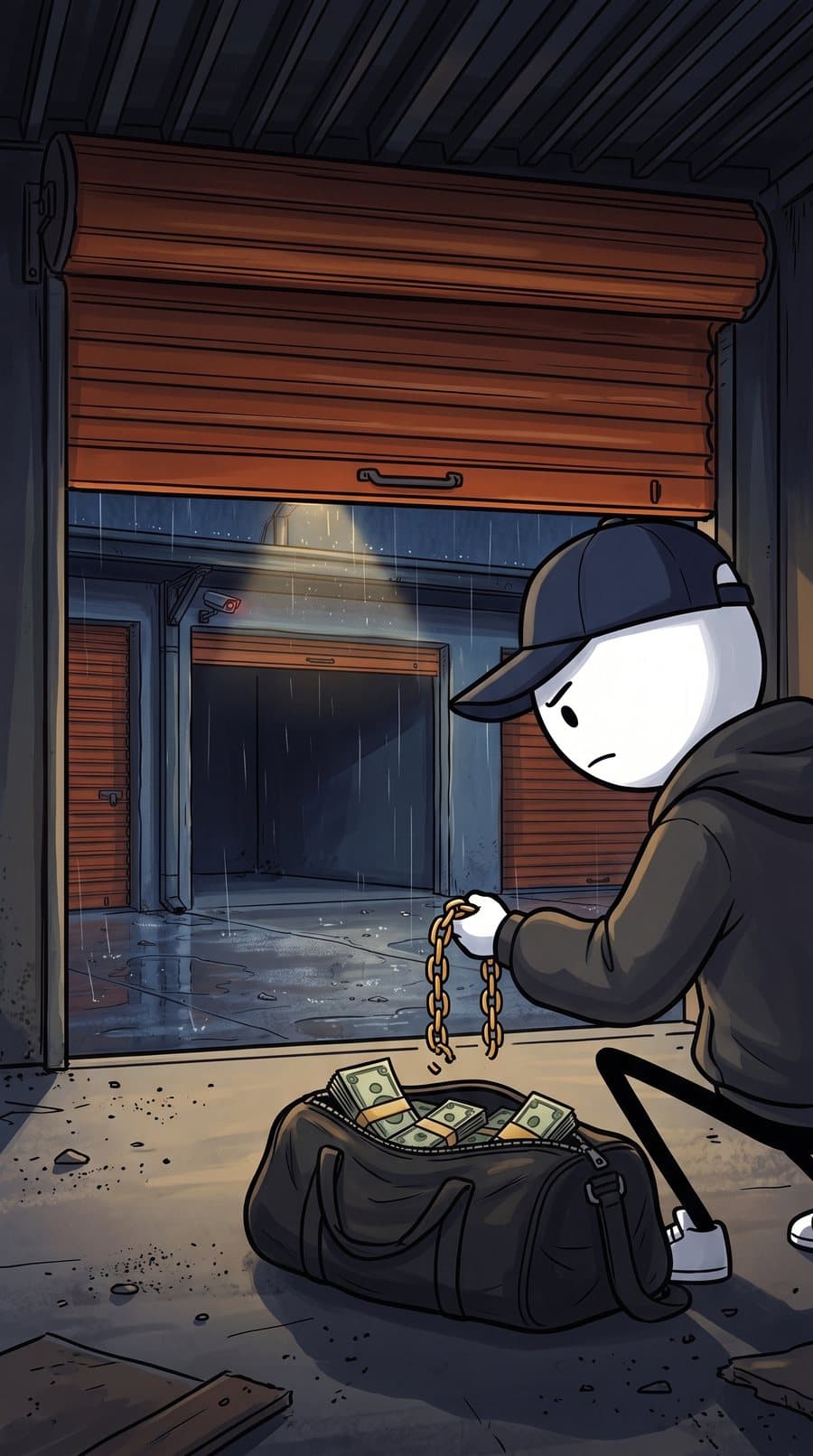 Your hand lowering Dre's broken gold chain onto a bag of cash inside storage unit 214
