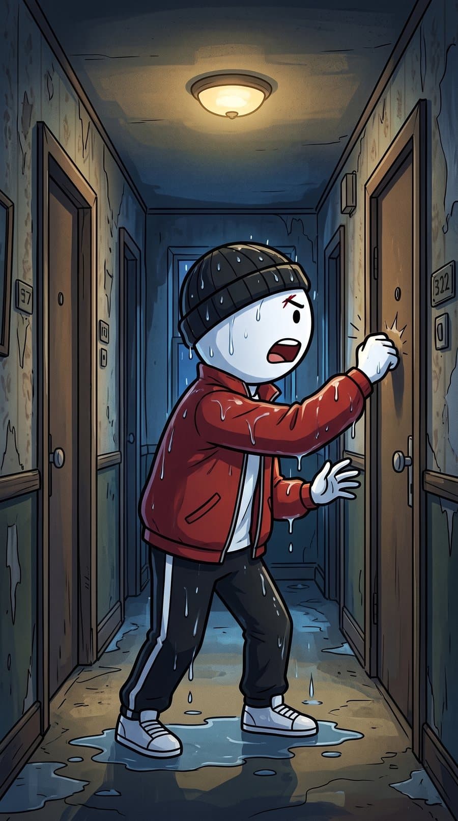 Dre banging on your apartment door in a dim hallway, soaked from the rain