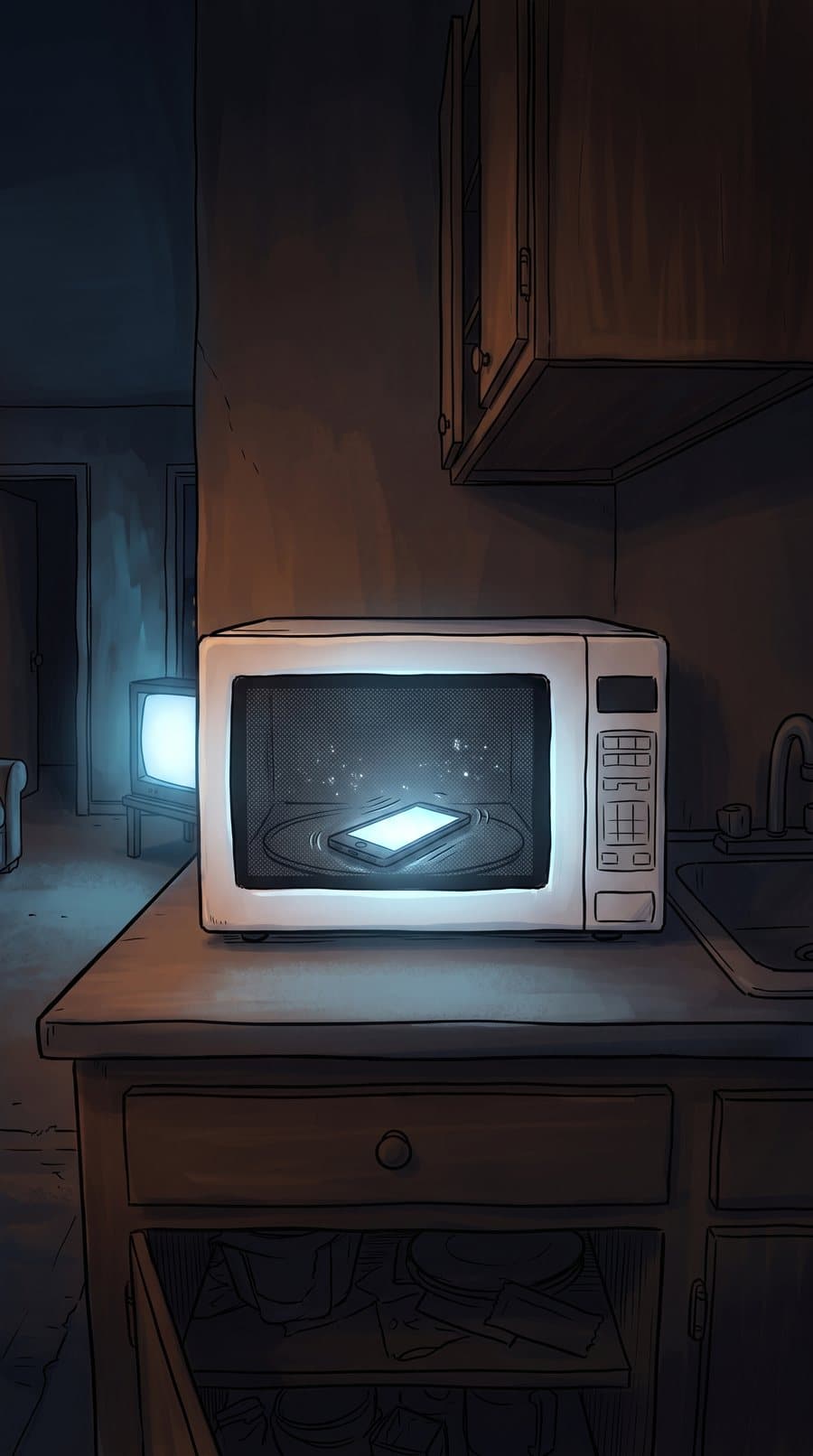 A phone lit up and ringing inside a closed microwave in a dark kitchen