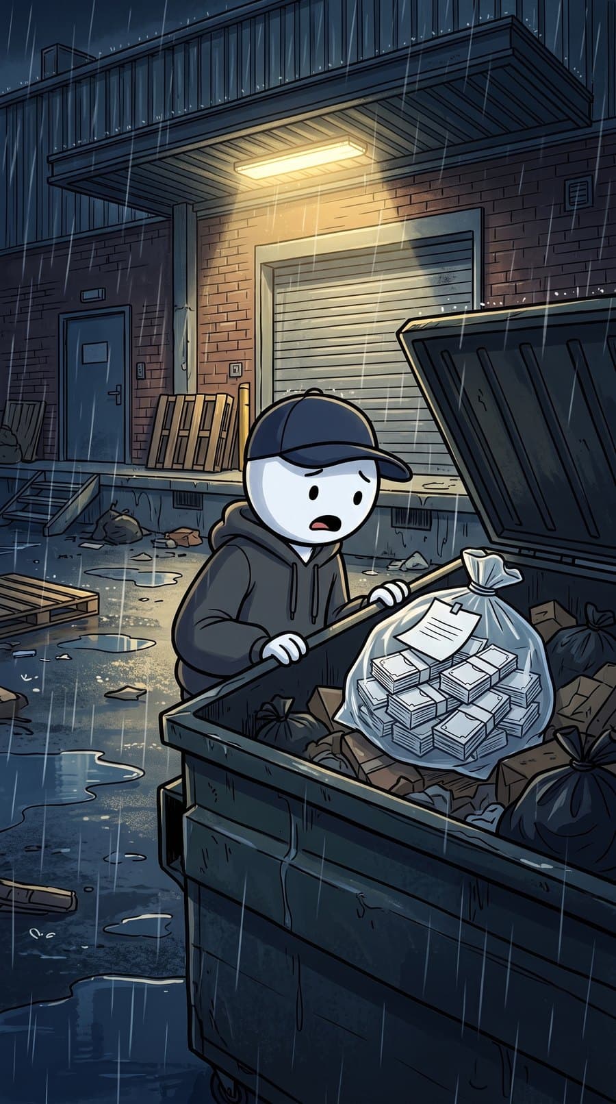 You in the rain at a dumpster, a bag of blank paper inside with a note on top
