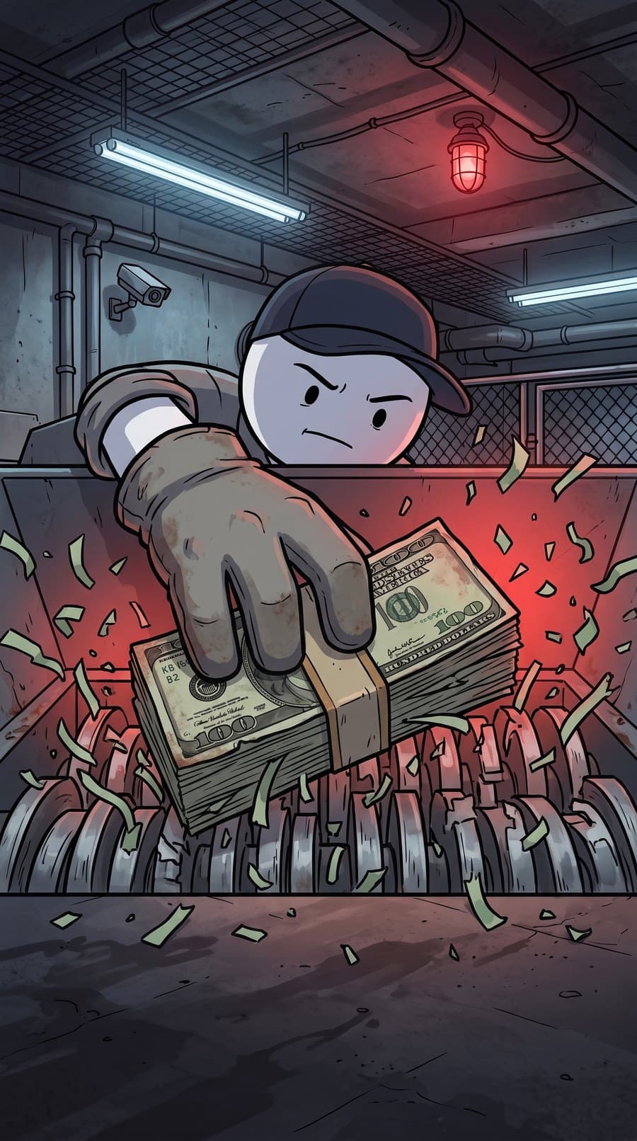 A gloved hand feeding a brick of hundred-dollar bills into a shredder, green confetti flying