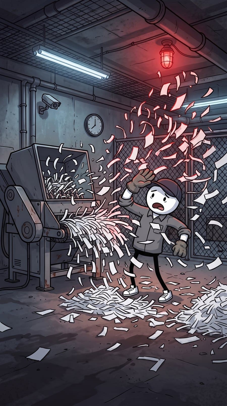 The shredder spitting out white confetti: blank paper, not money