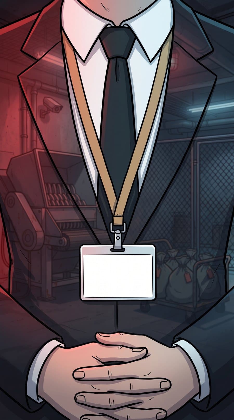 A man in a white shirt and dark tie, face out of frame, a tan lanyard with a blank badge