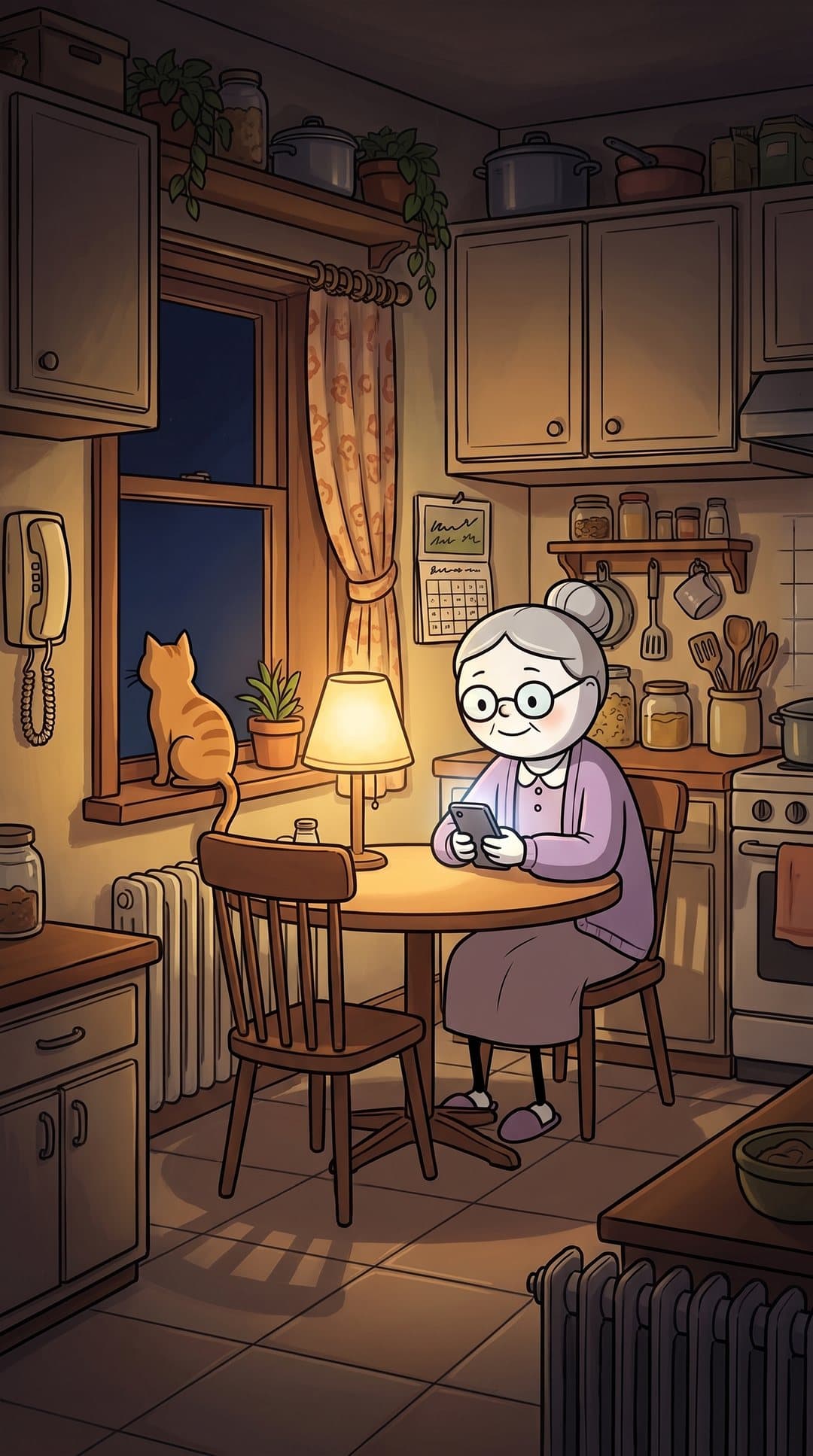Miss Pearl at her kitchen table reading her phone, her ginger cat on the windowsill