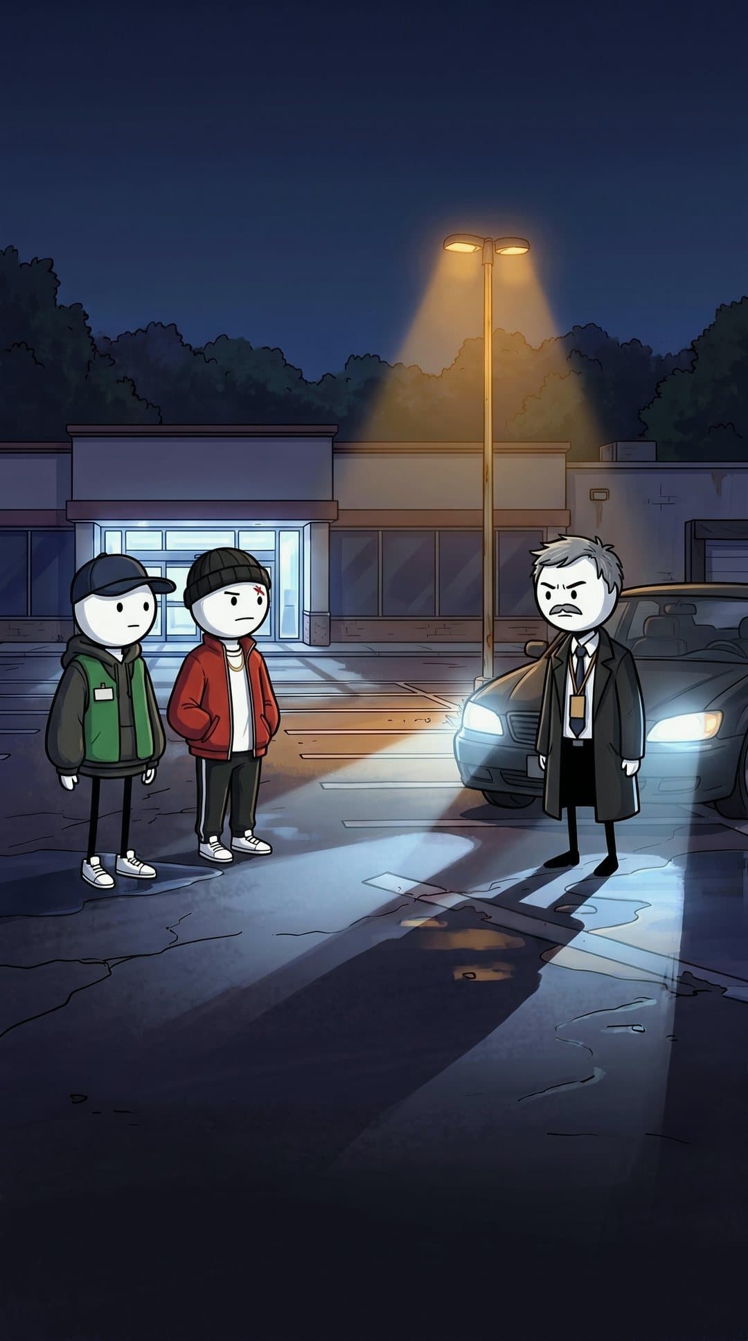 You and Dre facing the analyst in a supermarket parking lot under one streetlight
