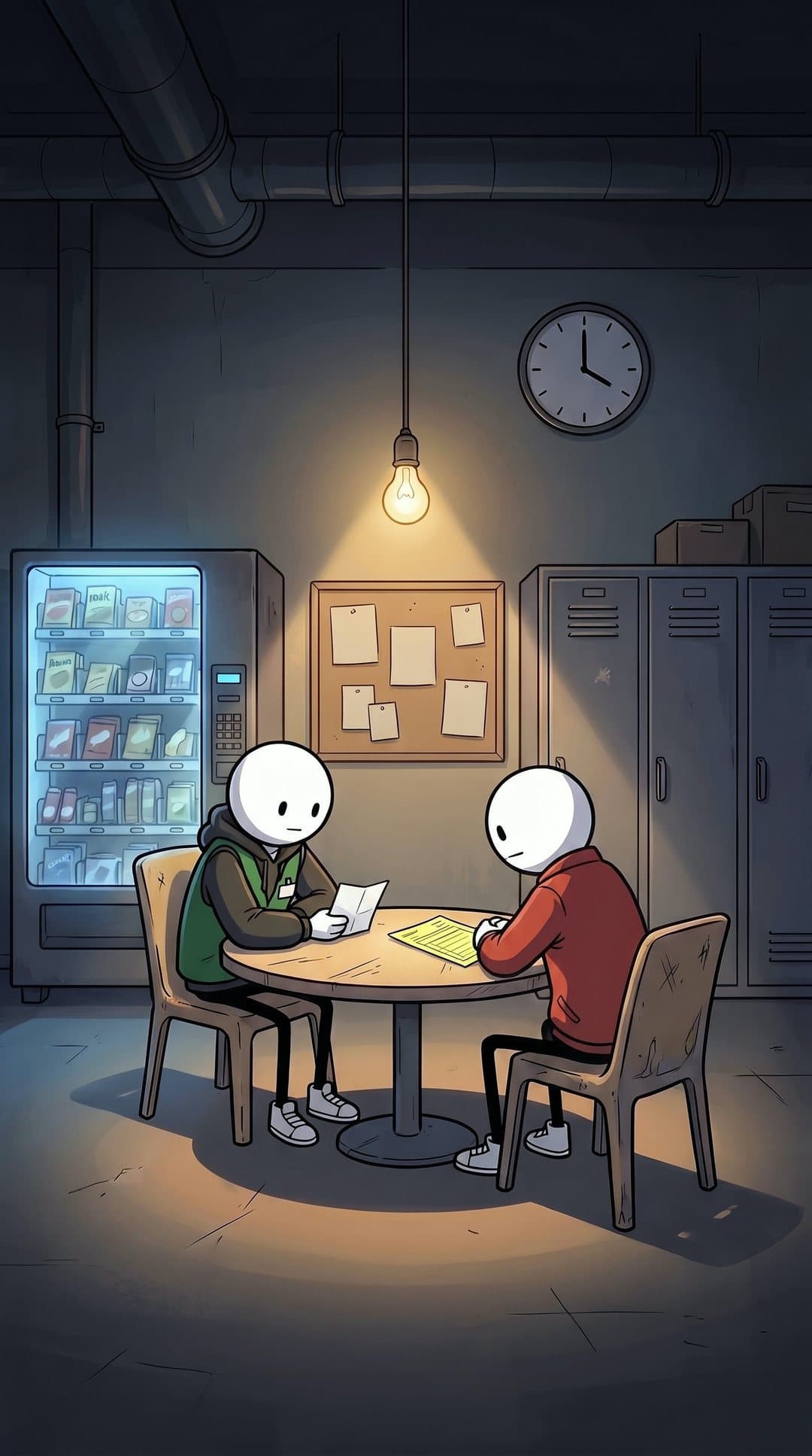 You and Dre at a break-room table at 4am, the yellow carbon copy between you