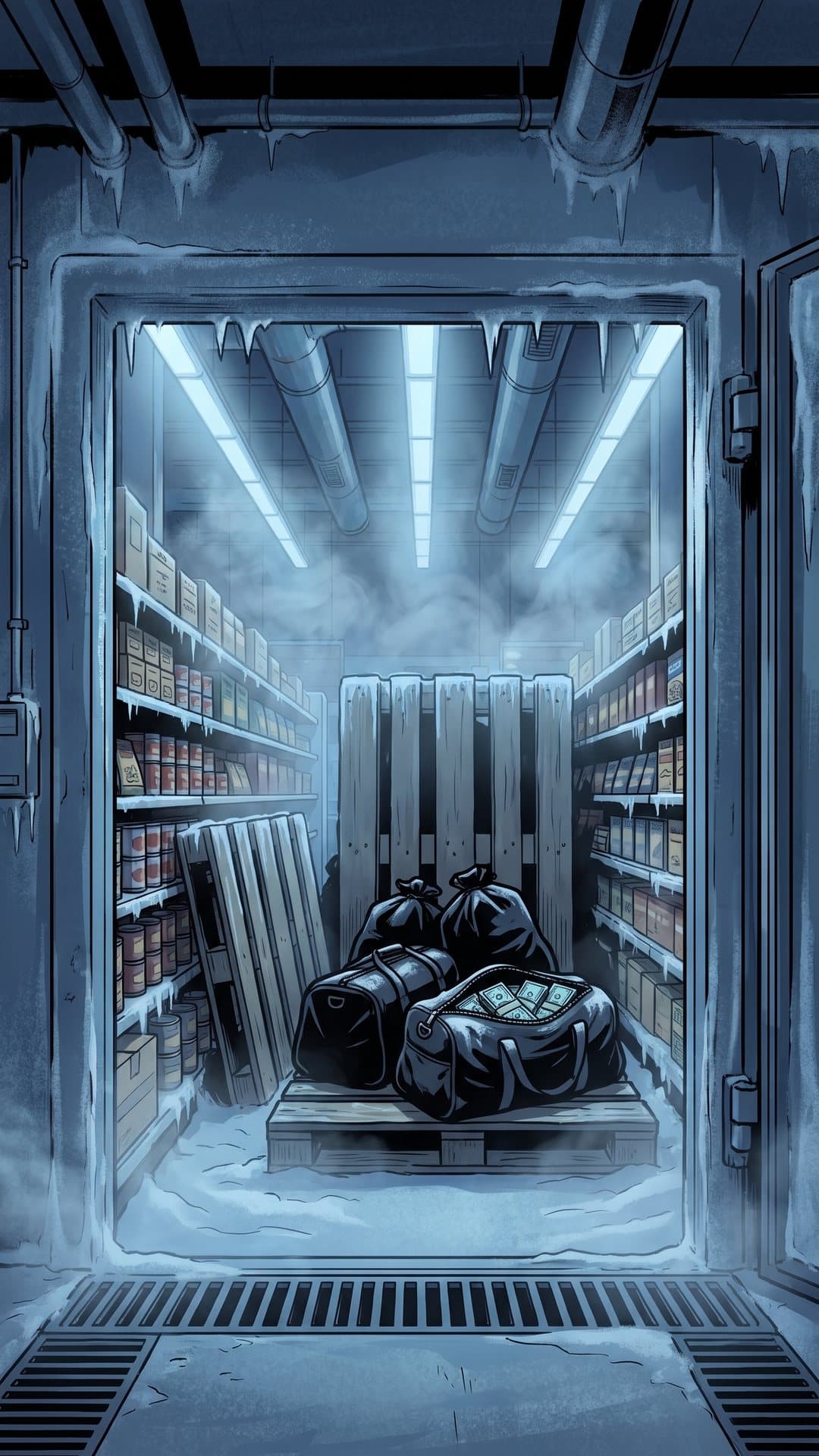 Four duffel bags hidden behind frozen pallets in a supermarket walk-in freezer