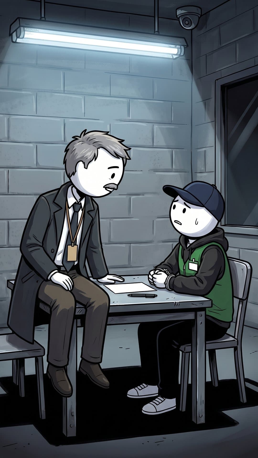 The agent leaning in to you across a steel interview-room table