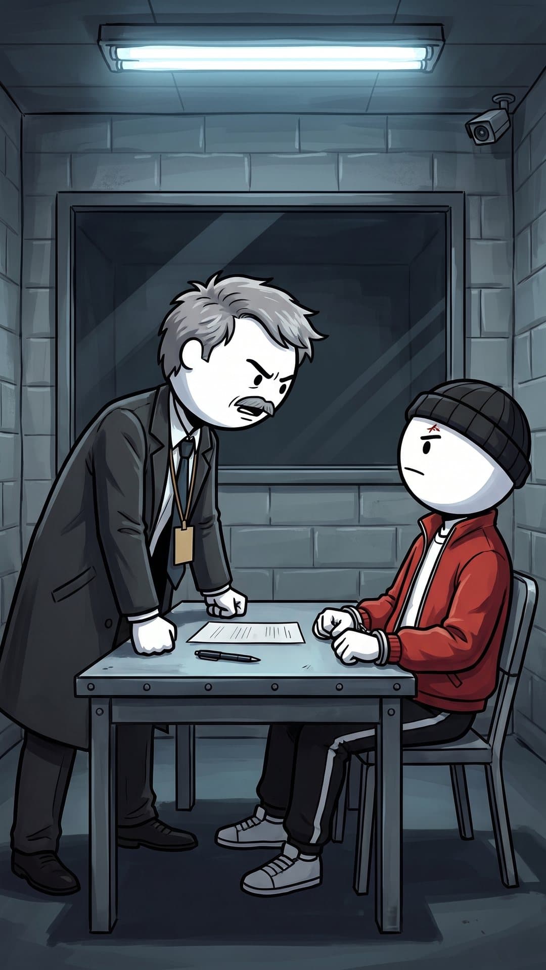 The agent leaning on his fists into Dre's face in the second interview room
