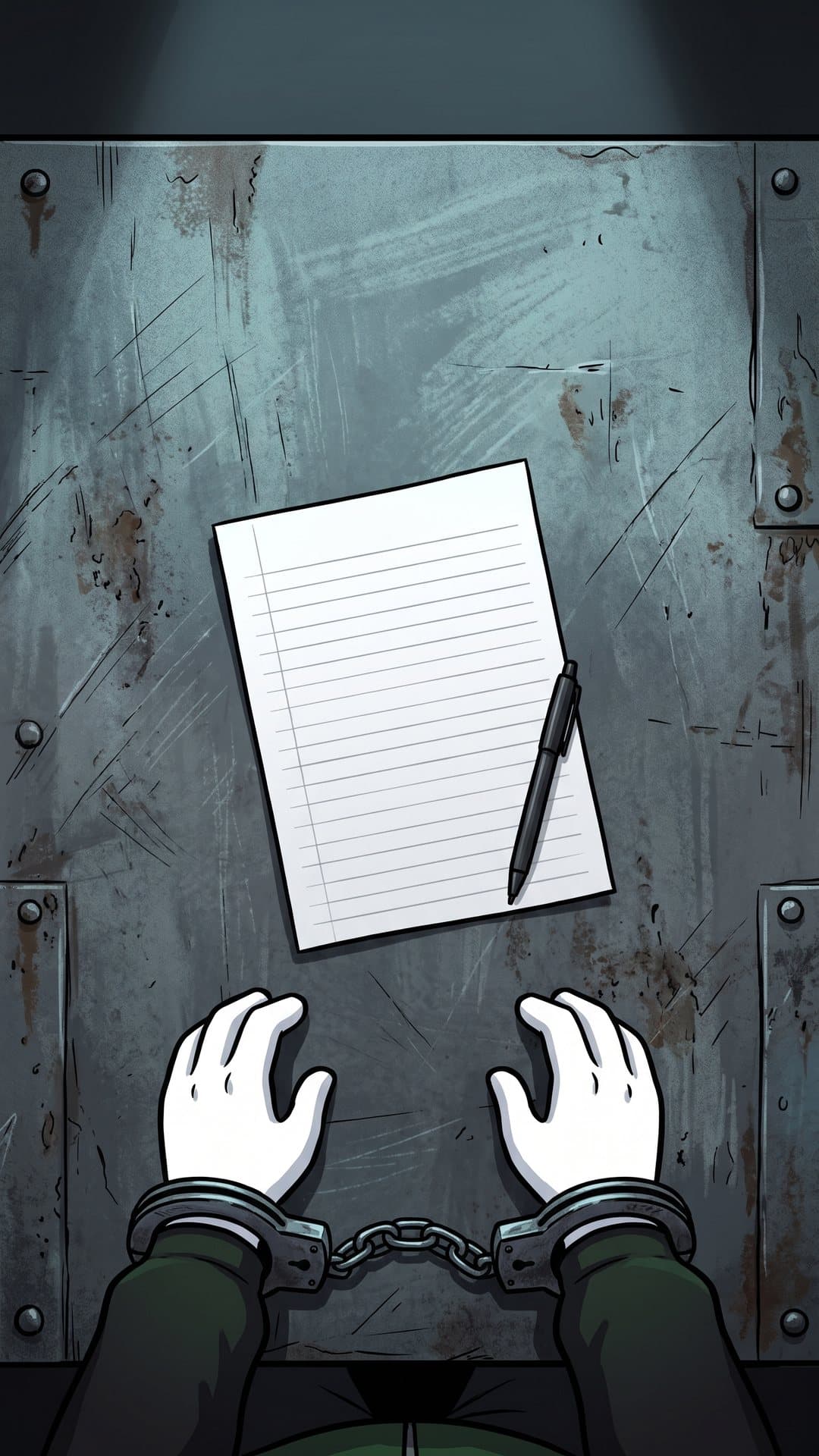 A statement and a pen on a steel table, your cuffed hands at the edge