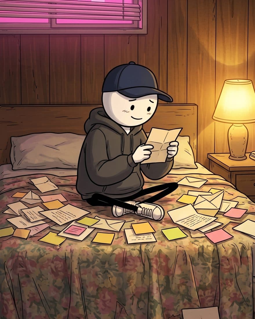 You, on the motel bed, reading a pile of notes