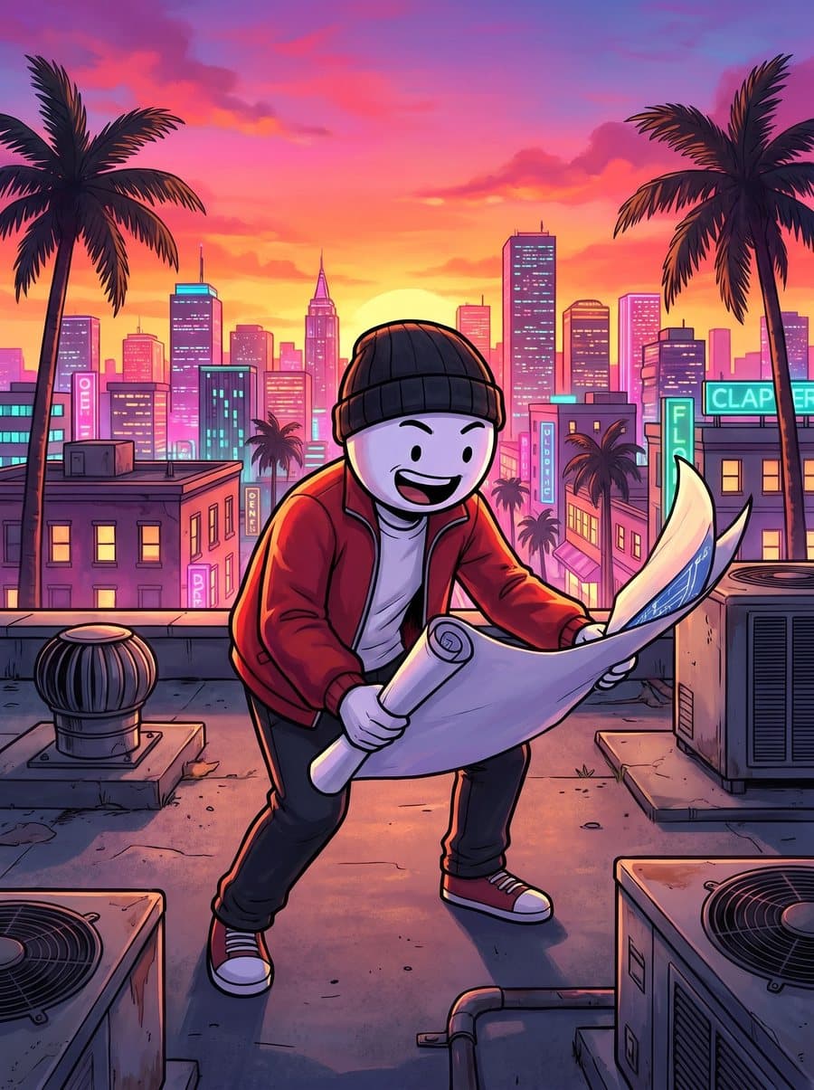 Dre unrolling a blueprint on a rooftop at dusk, neon skyline behind him