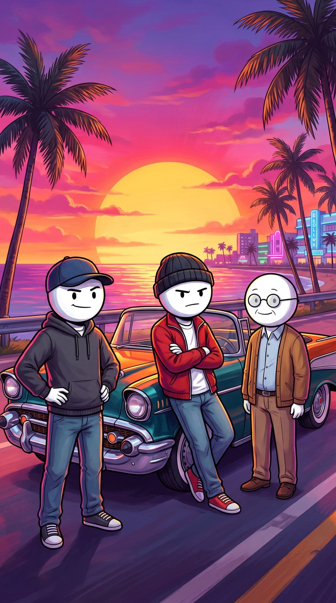You, Dre and Walt in front of a vintage convertible on a coastal highway at sunset