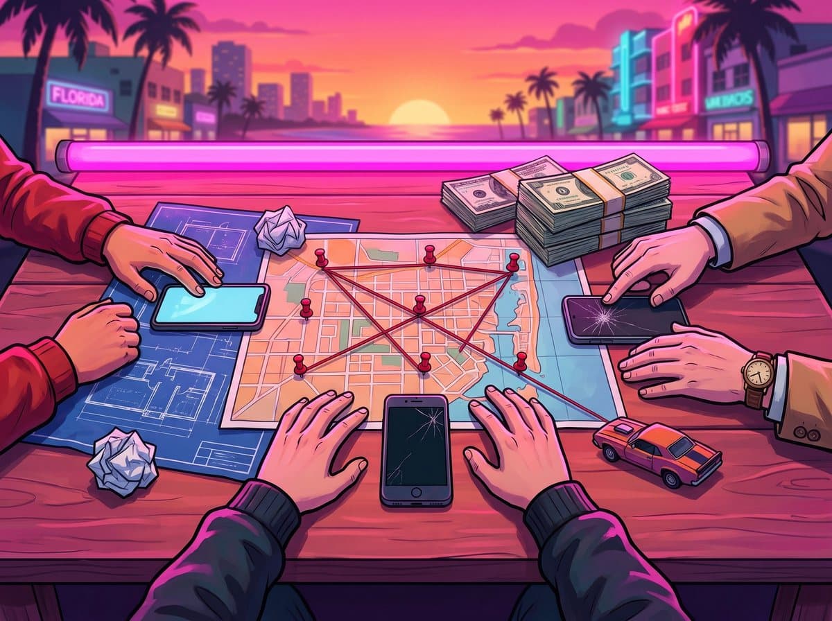Three pairs of hands over blueprints, a pinned map and stacks of cash under pink neon
