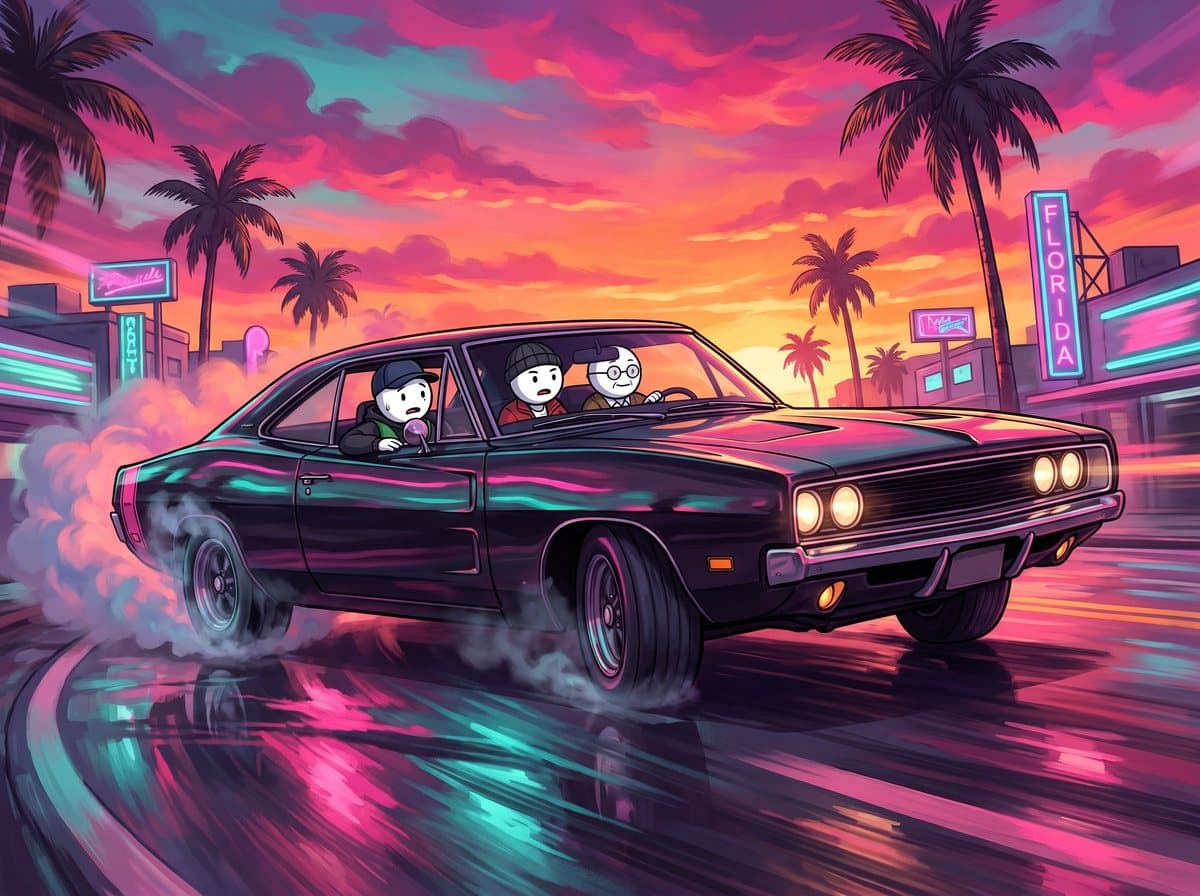 A black car drifting through a wet neon street at night