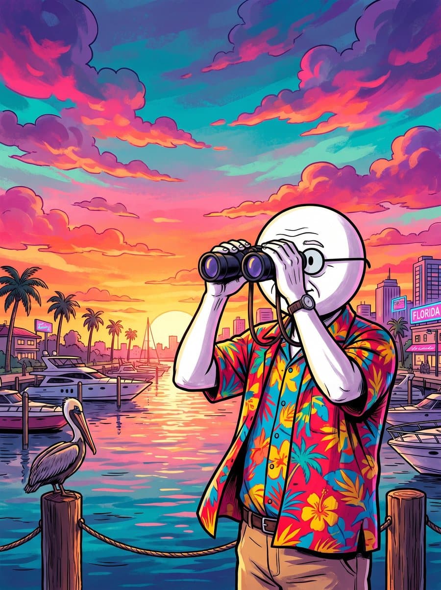 Walt in a tropical shirt watching through binoculars at a sunset marina