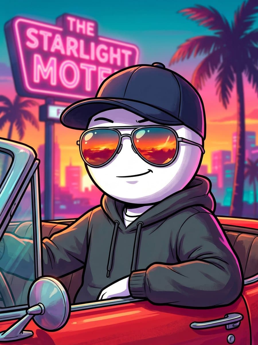 You in mirrored sunglasses in a red convertible under a pink neon motel sign
