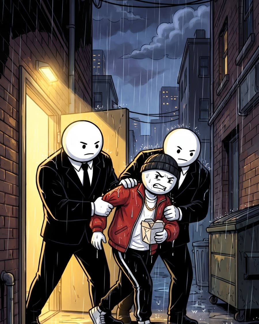 Two security men throw Dre out a side door into a rainy alley