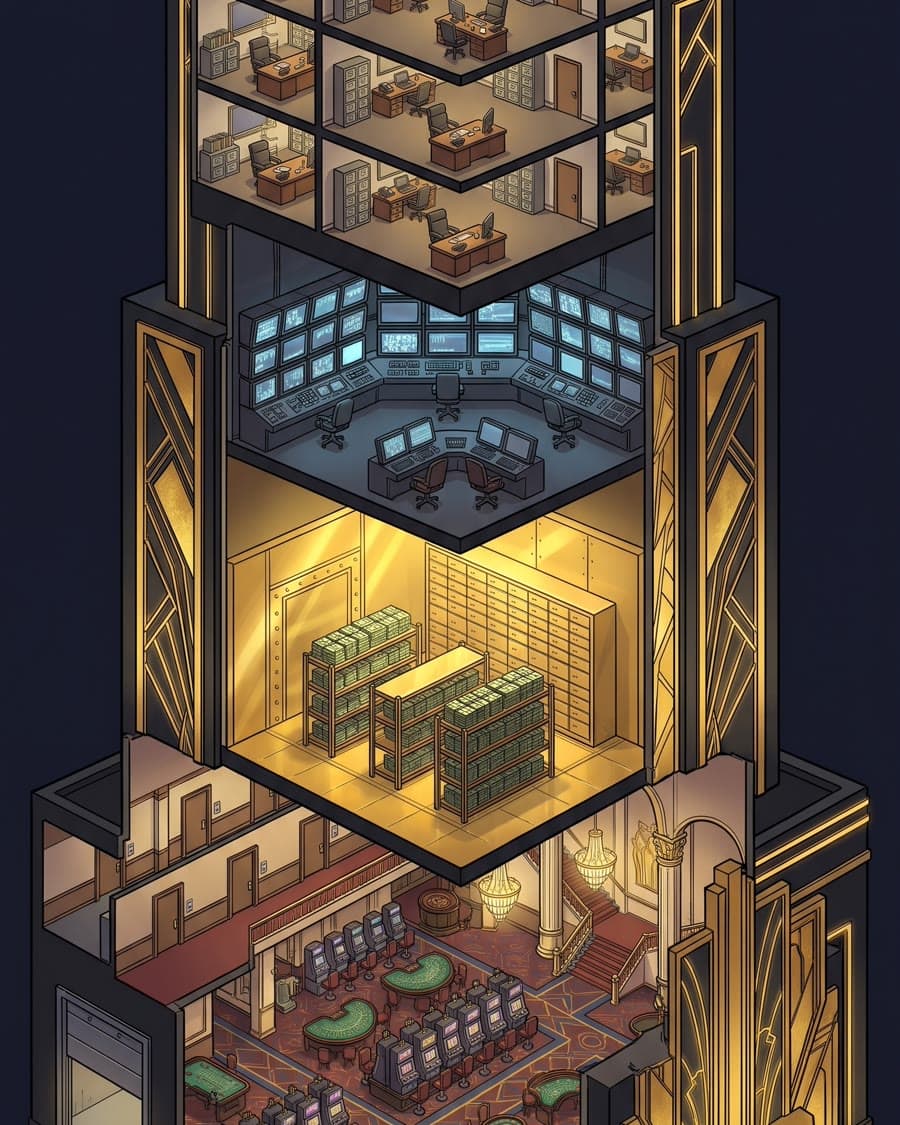 A cutaway of the Monarch tower: offices, the security room, the gold cage, the casino floor