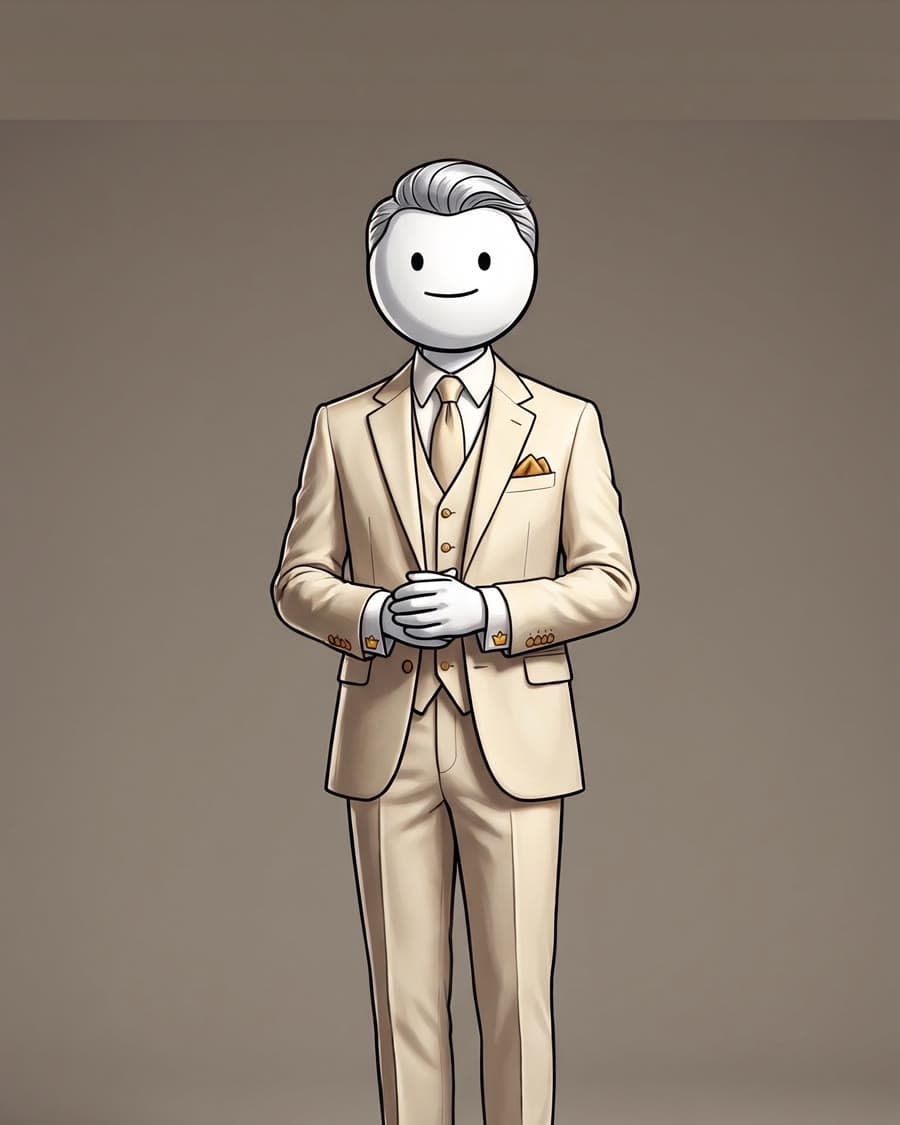 Lucien Crane in a cream three-piece suit, hands folded, smiling