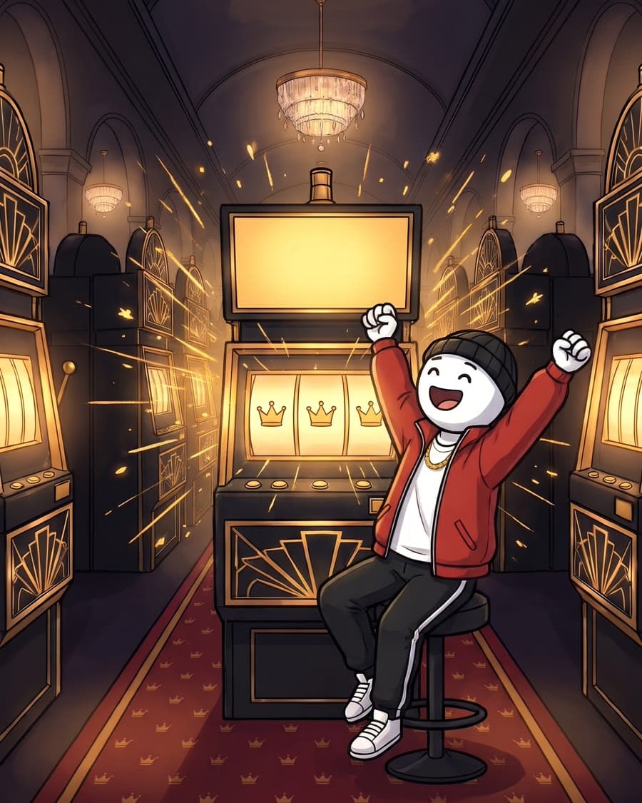 Dre with both fists up at a gold slot machine as it hits