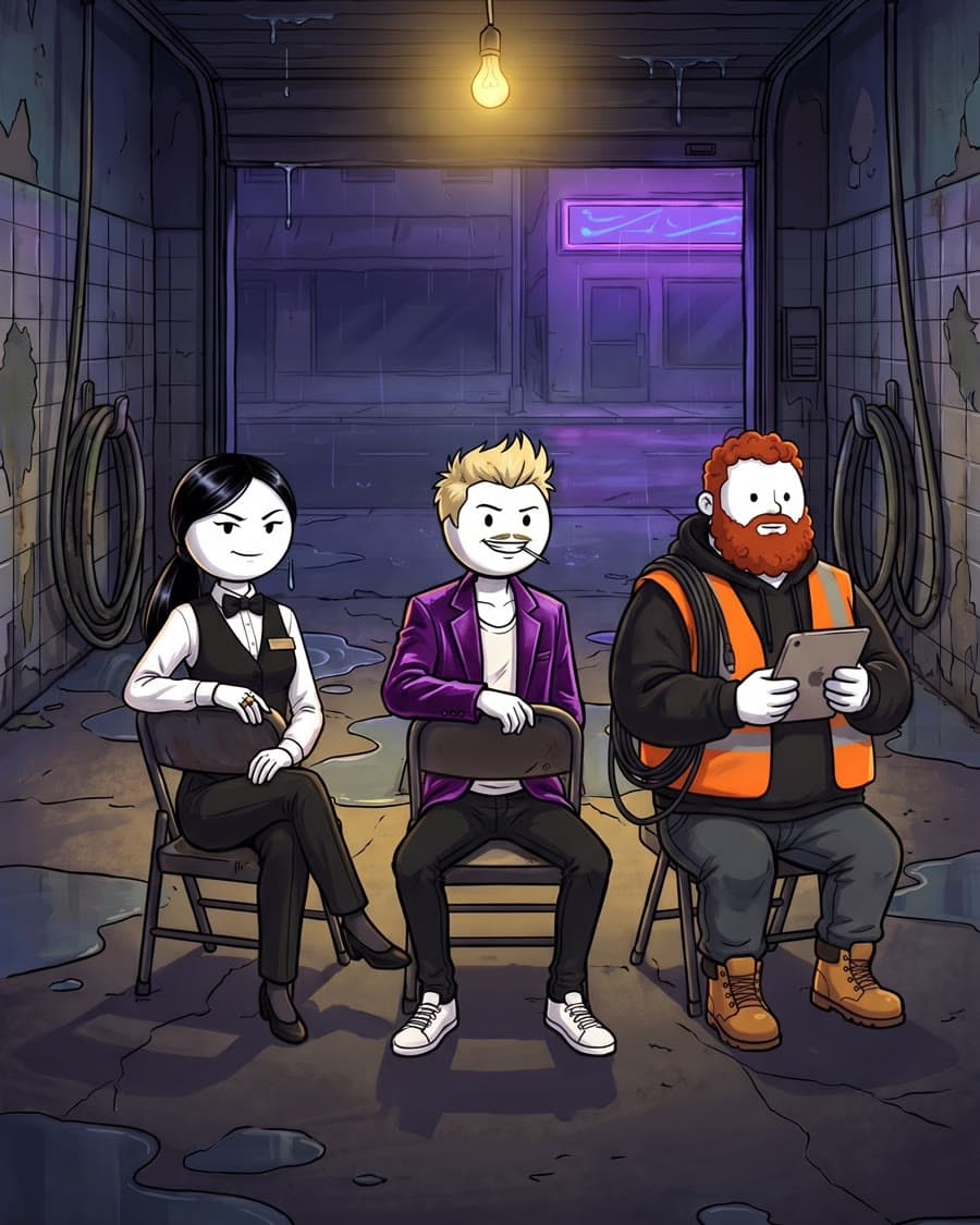 Rosa, Lou and Ike on folding chairs under a single bulb
