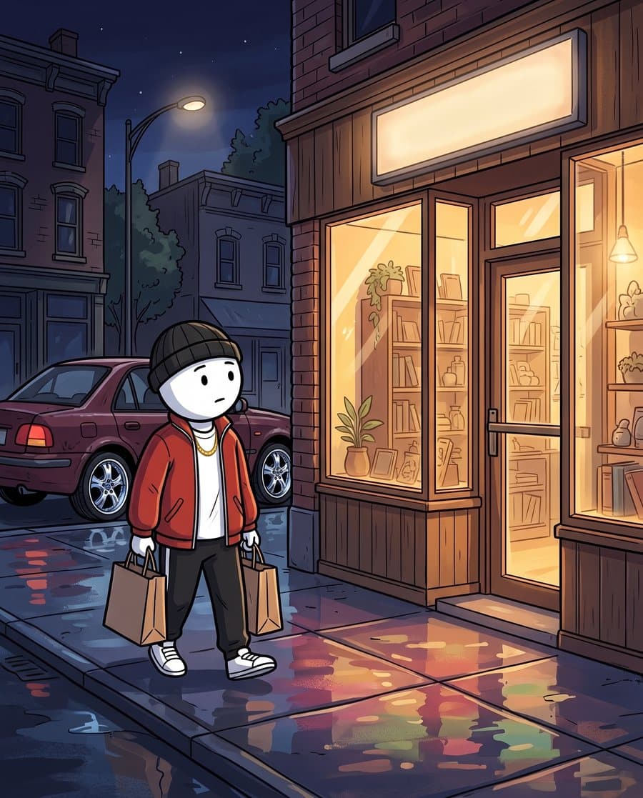 A small shop at night with Dre walking past