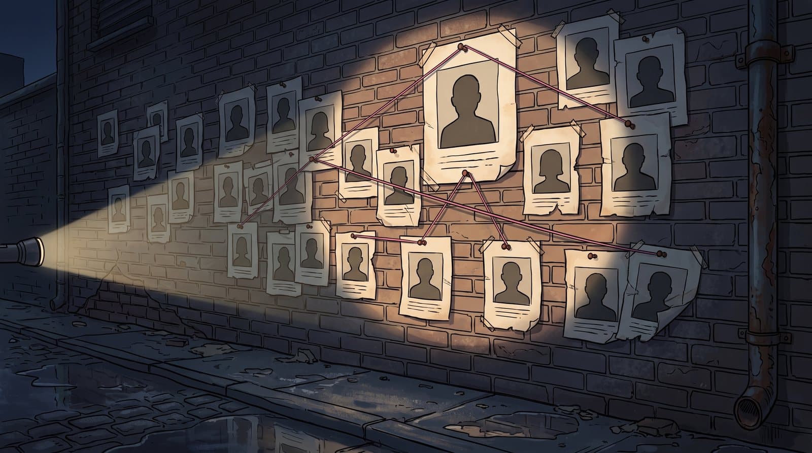 A wall of wanted posters lit by a flashlight