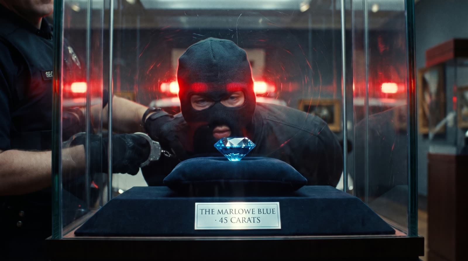 A masked thief pressed against the glass case, cuffed, the diamond beside his face