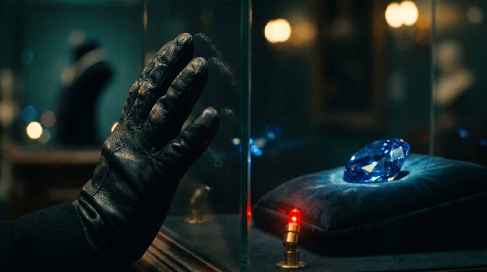 A gloved hand at the glass of a display case. Inside, a large blue diamond.