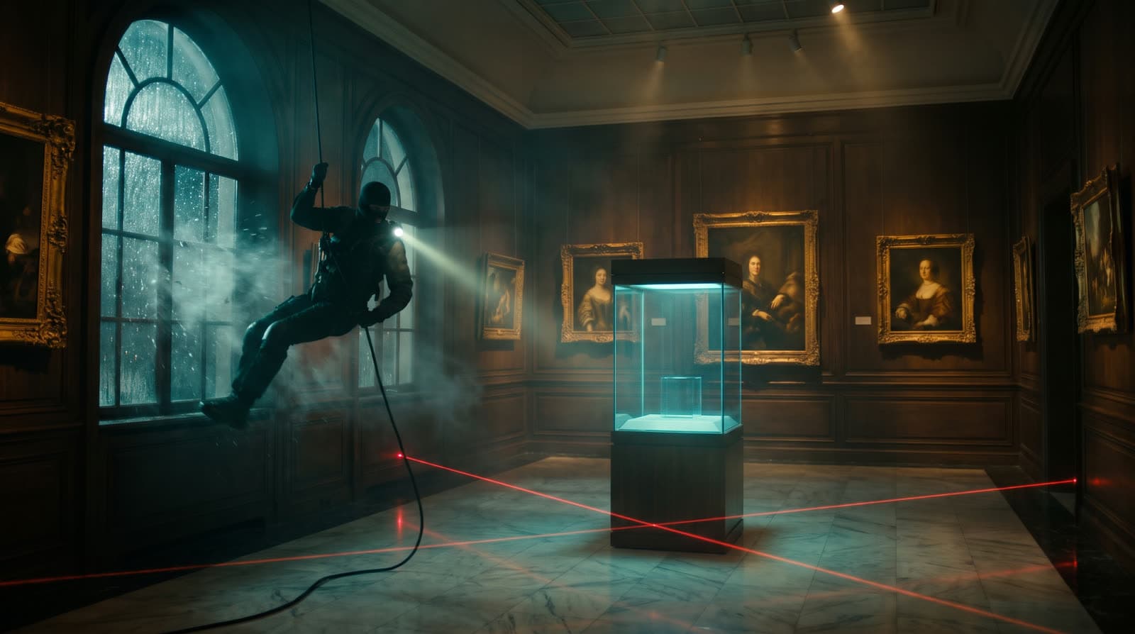 A thief dropping into the dark gallery on a rope, red lasers across the floor